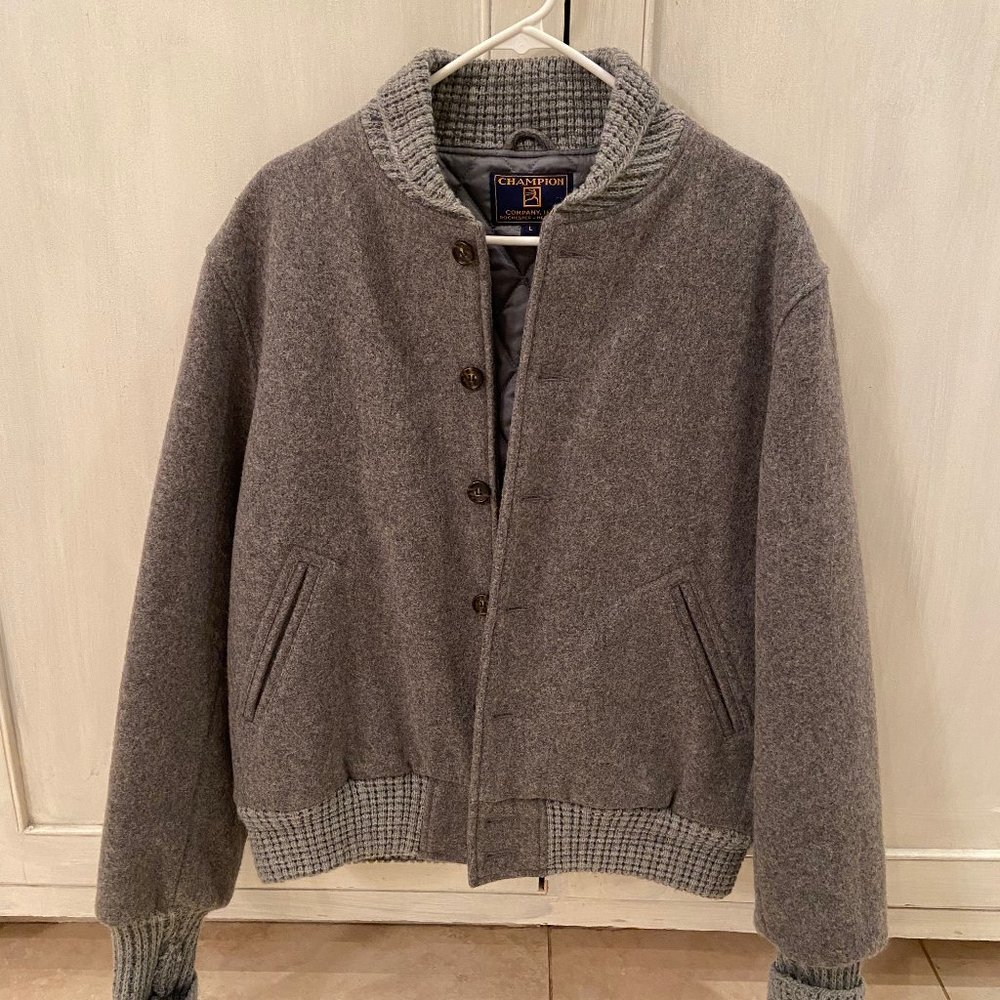 Champion vintage wool insulated button closure gray bomber jacket size large